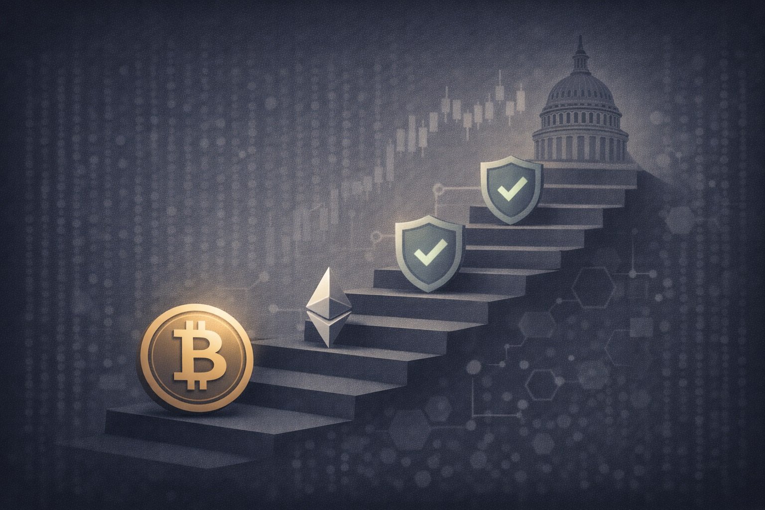Editorial illustration showing cryptocurrencies moving toward a regulated financial institution, representing institutional adoption through compliance