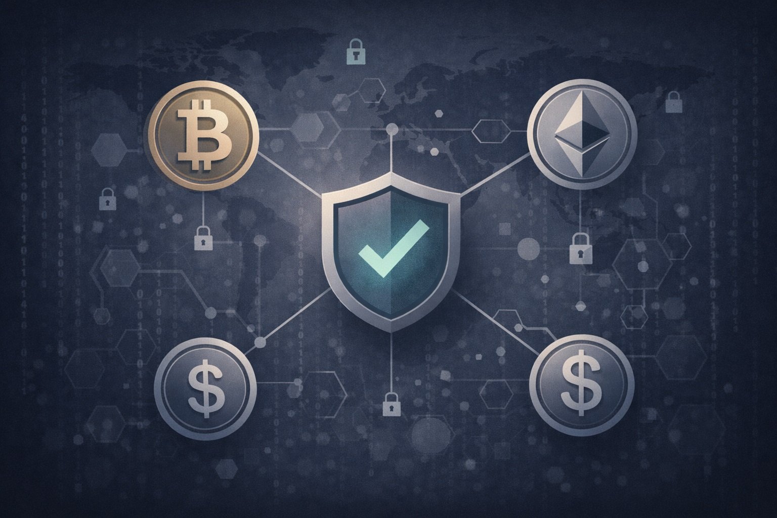 Editorial illustration showing a digital shield and locked crypto symbols, representing regulatory enforcement and account restrictions