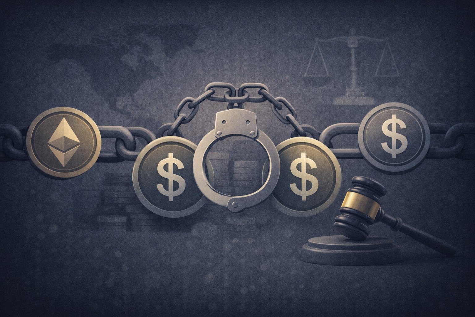 Editorial illustration depicting broken blockchain links and locked funds, representing a smart contract exploit and protocol losses